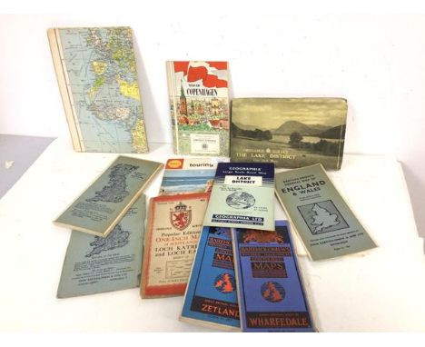 A collection of vintage maps including Bartholemew's Ordnance Survey including British and Danish locations