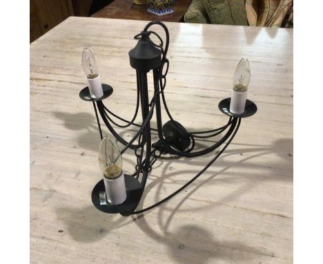 An anodised black metal three branch pendant light fitting (drop: 34cm x 61cm)