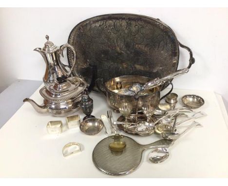A collection of Epns including a drink's tray (52cm x 31cm), teapot, egg cups, spoons and tray, napkin rings, hand mirror, fo