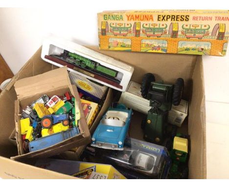 A collection of vintage toy cars and trains including a Corgi Chipperfields Circus Bedford articulated horsebox, a tractor, H