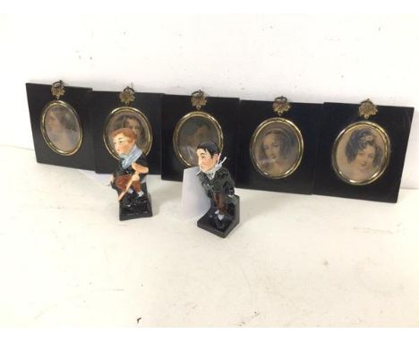 A mixed lot including two Doulton figures, Tiny Tim and Stiggins (10cm) and five 19thc miniature portrait prints of Ladies in