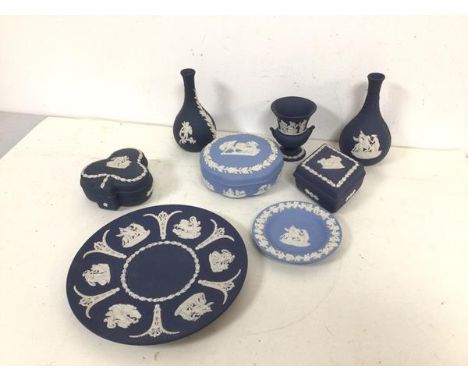 A collection of Wedgwood jasparware including two bud vases (each: 13cm), lidded trinket dishes, plates (8)