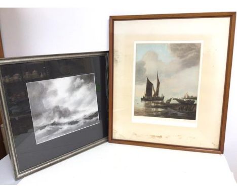 A coloured etching, Fishing Boats and Figures, signed bottom right (35cm x 27cm) and a reproduction print (2)