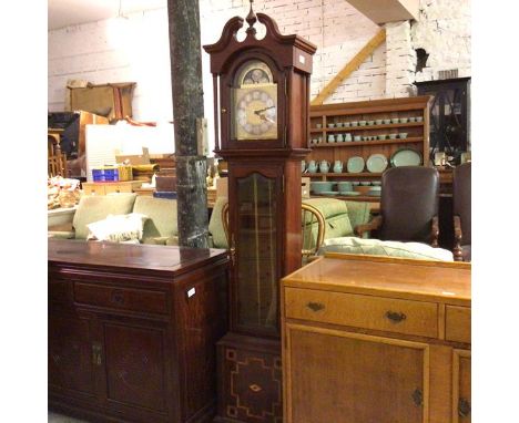 An Edwardian style mahogany Sebastian Clock Kit longcase clock with broken swan neck pediment and enamelled moon phase brass 