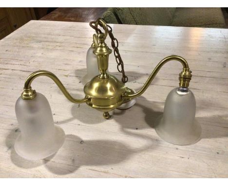 A brass three branch pendant light fitting with opaque glass shades (one a/f) (drop: 33cm x d.43cm)