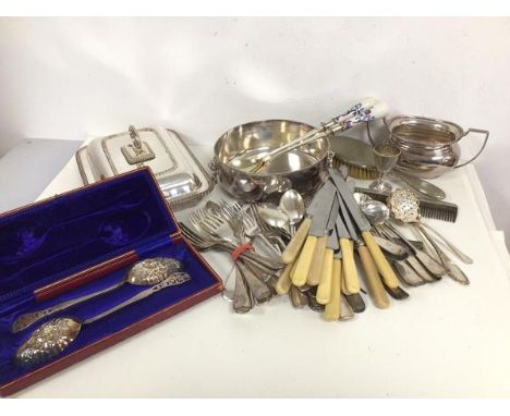 An assortment of Epns including two presentation serving spoons with ceramic handles, inscribed St Mungo Golf Club, Captain G