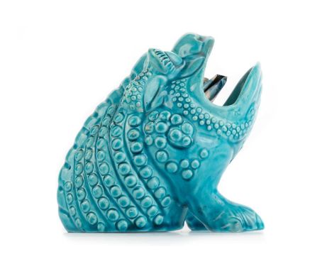 BURMANTOFTS POTTERY FIGURE, MODEL 451 modelled as a toad in turquoise glaze, bearing Burmantofts Faience mark to base12.5cm h
