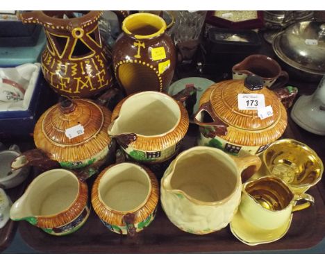 A Tray containing Cottage Ware Tea Service, Treacle Glazed Puzzle Jug and Lamp Holder, Torquay Ware etc