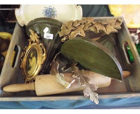 A Wooden Tray containing A Pair of Wall Sconces, Rolling Pin, Tie Backs etc