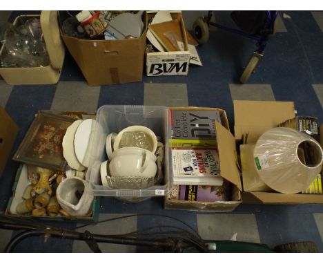 Four Boxes of China, Glass Ware, Books, Light Shades etc