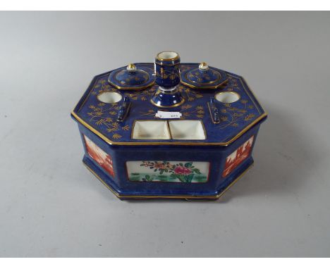 A Ceramic Desk Top Octagonal Pen and Ink Stand