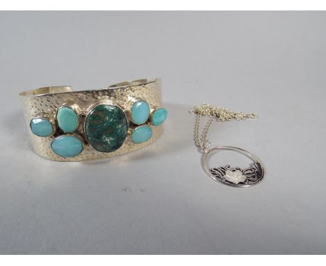 A Silver Bangle with Stone Cabochons (925) and A Silver Chain and Pendant 