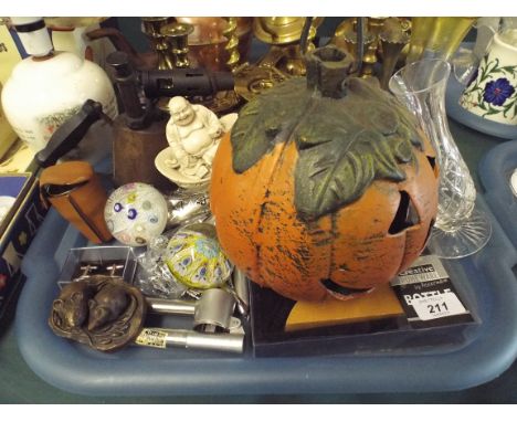 A Tray of Sundries to include Glass Paperweight, Glass Ware, Blow Lamp etc