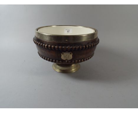 An Oak and Silver Plated Fruit Bowl with Ceramic Inner (chip to rim)