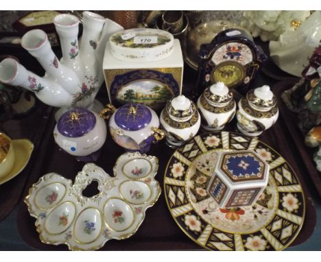 A Tray of China to include Spode Paperweight, Royal Crown Derby, Imari Plate, Tulip Vase by Spode, Ceramic Tea Caddy by Royal