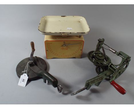 A Vintage Runner Bean Slicer, Apple Peeler and Lyssex Kitchen Scales 