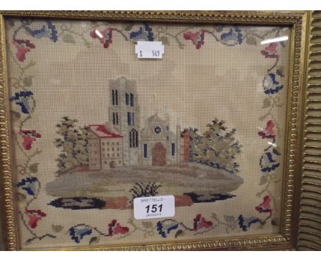 A Framed Cross Stitch Sampler Depicting Church