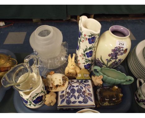A Tray containing Glass Lamp Shades, Decorated Vases Jugs etc