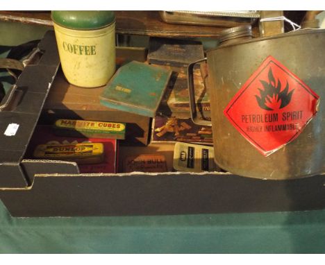 A Box Containing Various Vintage Tins and A Petrol Can 