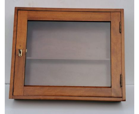 A late 19th century oblong hanging walnut display case with interior shelf and glazed door, with key, 52 x 43 x 11 cm