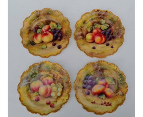 Four Royal Worcester fruit painted dessert plates painted by T. Lockyer within piecrust gilt borders, puce marks and date cod