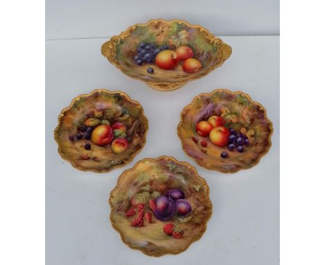 Three Royal Worcester fruit painted dessert plates and an oval comport painted by Horace Price, within piecrust gilt borders,
