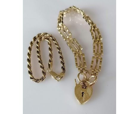 A rope twist yellow gold bracelet, 20 cm and a gate-link bracelet with padlock, 17 cm, both hallmarked, 20g (2)