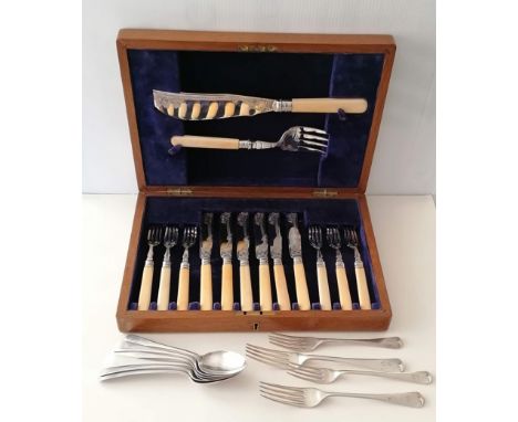 A canteen of six bone-handled silver fish forks and knives with servers by T Wilkinson &amp; Sons, Birmingham, 1920; a set of