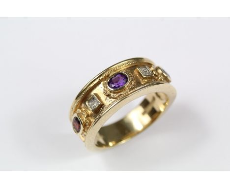 A 9ct Gold Brooks and Bentley Coronation Diamond and Semi-Precious Stone Ring, size P, the ring set with two 1pts of dias, 4 