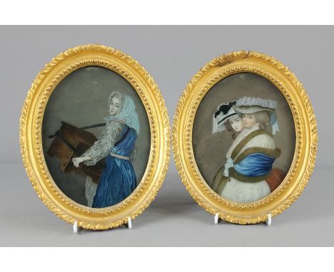 Two Antique Oval Portraits on Glass, the first depicting two young ladies, the other an organ grinder girl, both approx 15 x 