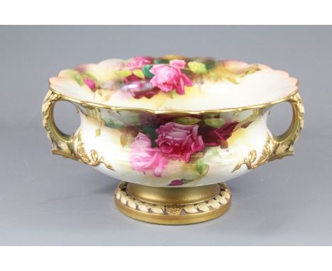A Circa 1910 Royal Worcester Jardiniere; the jardiniere (shape nr 2344)&nbsp; hand-painted Hadley Roses by Reg Austin and gil