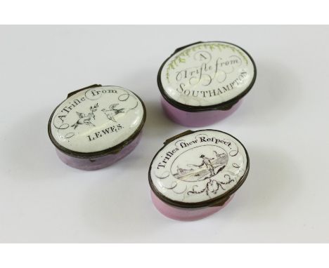 Three Georgian Enamel Mirrored Patch Boxes, the first entitled 'A Trifle from Southampton', A Trifle from Lewes' and 'Trifles