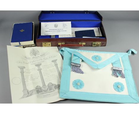 Vintage Perseverance Lodge Masonic Regalia, including apron, Masonic bible, booklet, contained in the brown leather case.&nbs