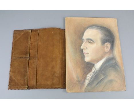 A Watercolour Portrait of Enrico Caruso, signed J Richards dated 1935, approx 28 x 38 cms, inside a leather document pouch em