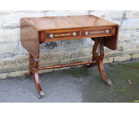 A Harrods Brass Inlaid Sofa Table, with lyre supports, approx 95 x 57 x 73 cms.