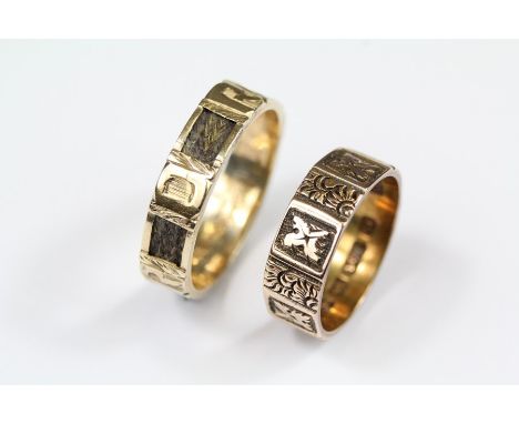 Antique 9ct Gold Mourning Band, size P, approx 1.7 gms together with a 15ct antique Celtic wedding band size I, approx 2.7 gm