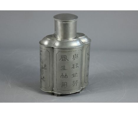 A Chinese Pewter Tea Caddy, engraved with character marks and chrysanthemum to sides, approx 19cms h, together with six metal