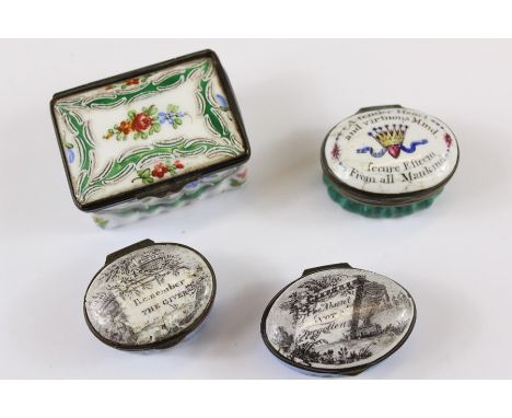 Three Georgian Bilston Enamel Mirrored Patch Boxes, the first entitled 'Tender Heart and Virtuous Mind Secure Esteem from All