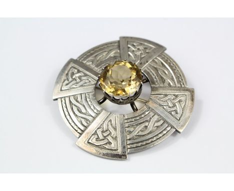 A Silver Citrine Celtic Knot Brooch, Edinburgh hallmark, mm T.E, citrine approx 13mm, approx 25 gms.