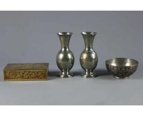 A Pair of Indo-Persian Vases; the vases decorated with floral and bands approx 17 cms h, together with a gilt and enamel box 
