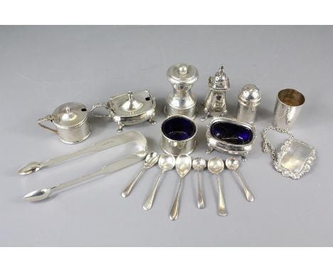 Miscellaneous Silver. This lot comprises two peppers, two salts, mustard, silver tot measure, pepper grinder London hallmark 