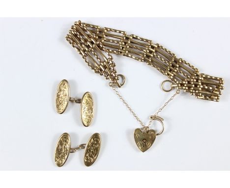 A 9ct Gold Gate Link Bracelet with heart-shape clasp together with a pair of 9ct gold lozenge cufflinks, approx 23 gms.&nbsp;