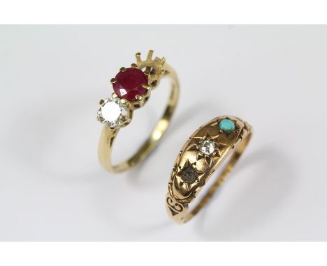 Vintage 18ct Gold Rings, including 18ct Ruby and Diamond Ring. The ring set with a 4.5mm ruby and approx&nbsp; pts dias, size