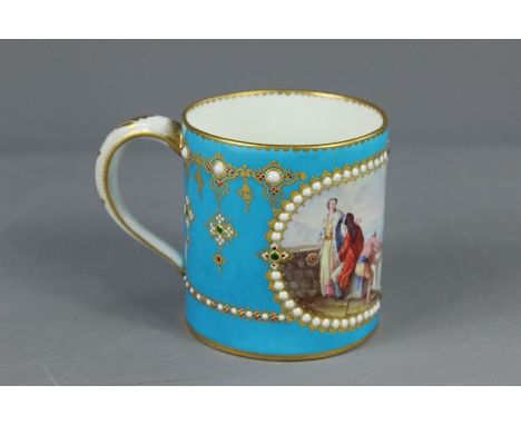 Antique Jewelled Enamel Sevres Mug. The mug painted with a classical harbour scene heightened with white enamel Pointillé, pa