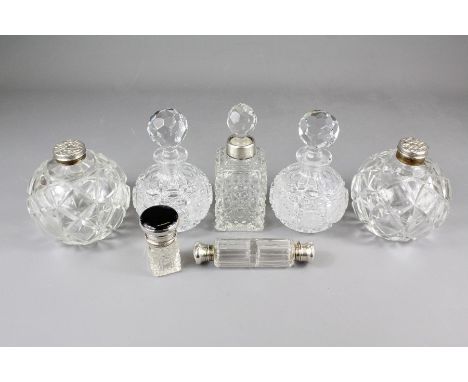 Various Scent Bottles, including a silver collared scent bottle, silver topped vanity jar, silver topped double scent bottle 
