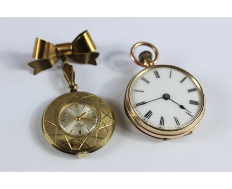 A 9kt Continental Open-faced Pocket Watch; the watch having a white enamel face with Roman dial, yellow-metal dust cover, dia