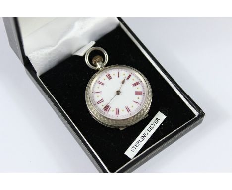 A Lady's Silver Cased Pocket Watch, white enamel face with Roman dial, Swiss made, hallmarked 1913.&nbsp;