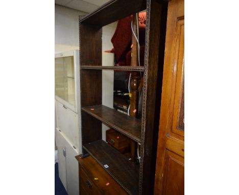 A PAINTED KITCHEN QUEEN, badged Eastham, an open oak bookshelf and an oak standard lamp (3)