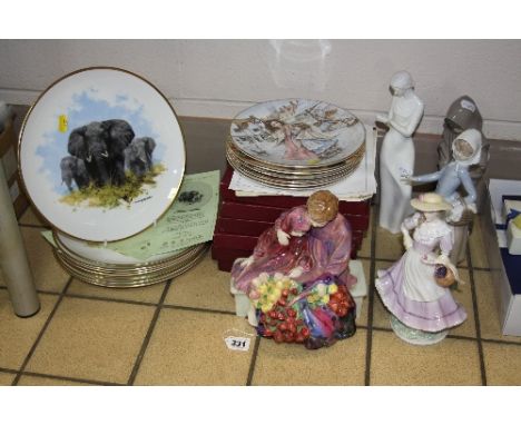 A GROUP OF CERAMICS, to include Royal Doulton 'Flowers Sellers Children' HN1342, 'Tenderness' HN2713, eight Wedgwood Ltd Edit