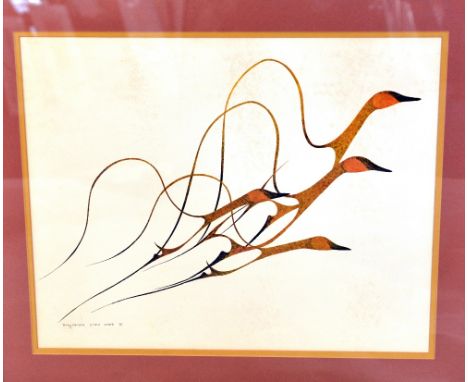 AFTER BENJAMIN CHEE CHEE, a litho print of stylised Geese in Flight, printed name and dated 1975, 49cm x 39cm, framed